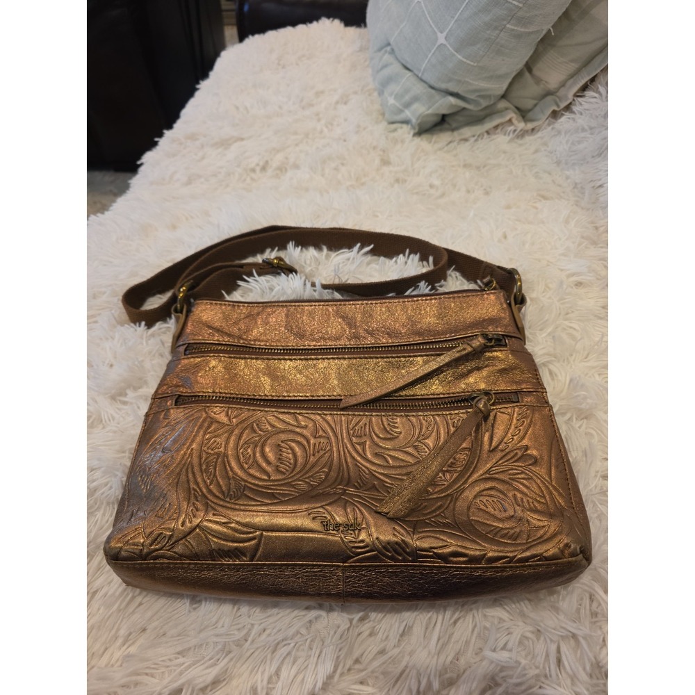 The Sak Bronze Metallic Embossed Leather Crossbody Bag Floral Tooled Multi...